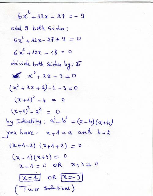 Solve each equation by completing the square 6x2+12x-27=-9