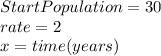 StartPopulation=30\\rate=2\\x=time(years)