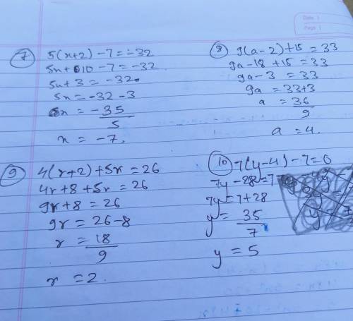 7d-12+2d+3=18 solve variable. include steps, also check your answer!   3y+4y+6=20 solve variable. in
