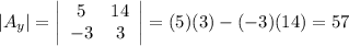 |A_y|=\left|\begin{array}{cc}5&14\\-3&3\end{array}\right|=(5)(3)-(-3)(14)=57