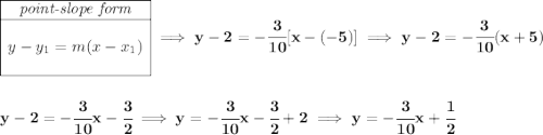 \bf \begin{array}{|c|ll} \cline{1-1} \textit{point-slope form}\\ \cline{1-1} \\ y-y_1=m(x-x_1) \\\\ \cline{1-1} \end{array}\implies y-2=-\cfrac{3}{10}[x-(-5)]\implies y-2=-\cfrac{3}{10}(x+5) \\\\\\ y-2=-\cfrac{3}{10}x-\cfrac{3}{2}\implies y=-\cfrac{3}{10}x-\cfrac{3}{2}+2\implies y=-\cfrac{3}{10}x+\cfrac{1}{2}