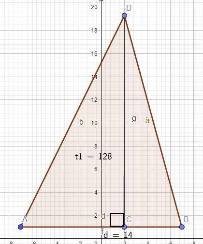 The area of a triangle measures 128 centimeters squared with a base length of 14 centimeters. find t