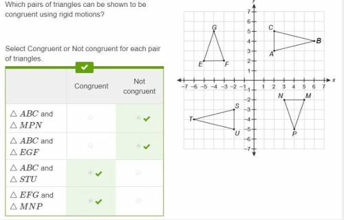 Which pairs of triangles can be shown to be congruent using rigid motions?   select congruent or not