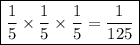 \boxed{\frac{1 }{5} \times\frac{1}{ 5}\times \frac{1}{5} = \frac{1}{ 125} }