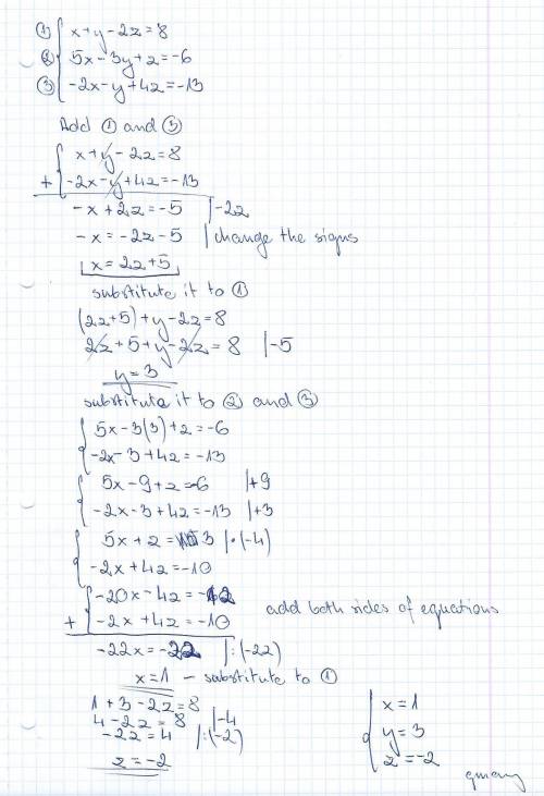 Solve using elimination x+y-2z=8 5x-3y+z=-6 -2x-y+4z=-13