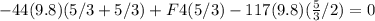 -44(9.8)(5/3 + 5/3) + F4(5/3)-117(9.8)( \frac{5}{3} / 2)=0