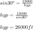 sin30^{o} = \frac{13000}{hyp} \\\\hyp = \frac{13000}{sin30^{o}}\\ \\hyp = 26000 ft