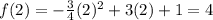 f(2) = - \frac{3}{4}(2)^{2} + 3(2) + 1 = 4