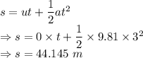 s=ut+\dfrac{1}{2}at^2\\\Rightarrow s=0\times t+\dfrac{1}{2}\times 9.81\times 3^2\\\Rightarrow s=44.145\ m