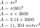 A = \pi r^{2}\\A = \pi (60)^{2}\\A = \pi \times 3600\\A = 3.14 \times 3600\\A = 11,304\ meter^{2}