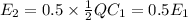 E_2=0.5\times\frac{1}{2}QC_1=0.5E_1