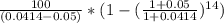 \frac{100}{(0.0414-0.05)} * ( 1- (\frac{1+0.05}{1+0.0414})^{14} )