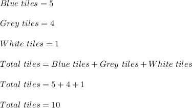 Blue\ tiles=5\\\\Grey\ tiles=4\\\\White\ tiles=1\\\\Total\ tiles=Blue\ tiles+ Grey\ tiles+White\ tiles\\\\Total\ tiles=5+4+1\\\\Total\ tiles=10