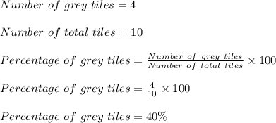 Number\ of\ grey\ tiles=4\\\\Number\ of\ total\ tiles=10\\\\Percentage\ of\ grey\ tiles=\frac{Number\ of\ grey\ tiles}{Number\ of\ total\ tiles}\times 100\\\\Percentage\ of\ grey\ tiles=\frac{4}{10}\times 100\\\\Percentage\ of\ grey\ tiles=40\%
