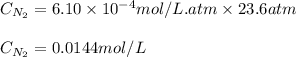 C_{N_2}=6.10\times 10^{-4}mol/L.atm\times 23.6atm\\\\C_{N_2}=0.0144mol/L