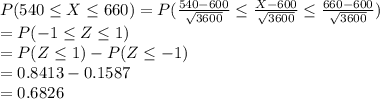 P(540\leq X\leq 660)=P(\frac{540-600}{\sqrt{3600} }\leq \frac{X-600}{\sqrt{3600} }\leq \frac{660-600}{\sqrt{3600} })\\=P(-1 \leq Z\leq 1)\\= P(Z\leq 1)-P(Z\leq -1)\\=0.8413-0.1587\\=0.6826