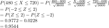 P(480\leq X\leq 720)=P(\frac{480-600}{\sqrt{3600} }\leq \frac{X-600}{\sqrt{3600} }\leq \frac{720-600}{\sqrt{3600} })\\=P(-2 \leq Z\leq 2)\\= P(Z\leq 2)-P(Z\leq -2)\\=0.9772-0.0228\\=0.9544