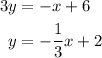 \begin{aligned}3 y &=-x+6 \\y &=-\frac{1}{3} x+2\end{aligned}