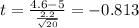 t=\frac{4.6-5}{\frac{2.2}{\sqrt{20}}}=-0.813