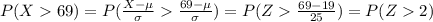 P(X69)=P(\frac{X-\mu}{\sigma}\frac{69-\mu}{\sigma})=P(Z\frac{69-19}{25})=P(Z2)