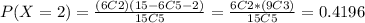P(X=2) =\frac{(6C2)(15-6 C 5-2)}{15C5}= \frac{6C2 *(9C3)}{15C5}= 0.4196