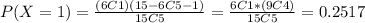 P(X=1) =\frac{(6C1)(15-6 C 5-1)}{15C5}= \frac{6C1 *(9C4)}{15C5}=0.2517