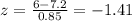 z= \frac{6-7.2}{0.85}= -1.41