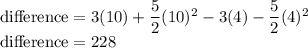 \text{difference}  = 3(10) + \dfrac{5}{2}(10)^2 -3(4) -\dfrac{5}{2}(4)^2\\\text{difference}  = 228