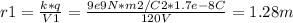 r1 =\frac{k*q}{V1} = \frac{9e9 N*m2/C2*1.7e-8C}{120 V} = 1.28 m