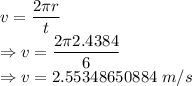 v=\dfrac{2\pi r}{t}\\\Rightarrow v=\dfrac{2\pi 2.4384}{6}\\\Rightarrow v=2.55348650884\ m/s