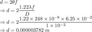 d=2\theta f\\\Rightarrow d=2\dfrac{1.22\lambda f}{D}\\\Rightarrow d=2\dfrac{1.22\times 248\times 10^{-9}\times 6.25\times 10^{-2}}{1\times 10^{-2}}\\\Rightarrow d=0.000003782\ m