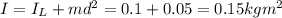 I = I_L + md^2 = 0.1 + 0.05 = 0.15 kg m^2