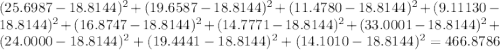 (25.6987-18.8144)^{2}+(19.6587-18.8144)^{2}+(11.4780-18.8144)^{2}+(9.11130-18.8144)^{2}+(16.8747-18.8144)^{2}+(14.7771-18.8144)^{2}+(33.0001-18.8144)^{2}+(24.0000-18.8144)^{2}+(19.4441-18.8144)^{2}+(14.1010-18.8144)^{2}=466.8786