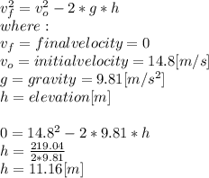 v_{f} ^{2}= v_{o} ^{2}-2*g*h\\where:\\v_{f} = final velocity = 0\\ v_{o} = initial velocity = 14.8 [m/s]\\g = gravity = 9.81[m/s^2]\\h = elevation [m]\\\\0 = 14.8^{2}-2*9.81*h\\ h=\frac{219.04}{2*9.81} \\h=11.16[m]