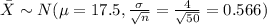 \bar X \sim N(\mu= 17.5, \frac{\sigma}{\sqrt{n}}= \frac{4}{\sqrt{50}}=0.566)