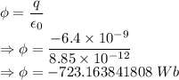 \phi=\dfrac{q}{\epsilon_0}\\\Rightarrow \phi=\dfrac{-6.4\times 10^{-9}}{8.85\times 10^{-12}}\\\Rightarrow \phi=-723.163841808\ Wb