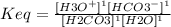 Keq = \frac{[H3O^+]^1 [HCO3^-]^1}{[H2CO3]^1 [H2O]^1}