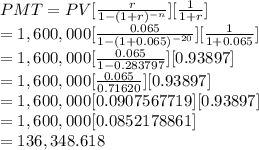 PMT = PV[\frac{r}{1-(1+r)^{-n}} ][\frac{1}{1+r} ]\\=1,600,000[\frac{0.065}{1-(1+0.065)^{-20}} ][\frac{1}{1+0.065} ]\\=1,600,000[\frac{0.065}{1-0.283797} ][0.93897 ]\\=1,600,000[\frac{0.065}{0.71620} ][0.93897 ]\\=1,600,000[0.0907567719 ][0.93897 ]\\=1,600,000[0.0852178861]\\=136,348.618