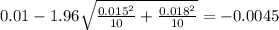 0.01-1.96\sqrt{\frac{0.015^2}{10}+\frac{0.018^2}{10}}=-0.0045