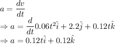 a=\dfrac{dv}{dt}\\\Rightarrow a=\dfrac{d}{dt}0.06t^2\hat{i}+2.2\hat{j}+0.12t\hat{k}\\\Rightarrow a=0.12t\hat{i}+0.12\hat{k}