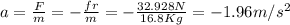 a = \frac{F}{m}= -\frac{fr}{m}= -\frac{32.928 N}{16.8 Kg}= -1.96m/s^2