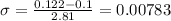 \sigma= \frac{0.122-0.1}{2.81}= 0.00783