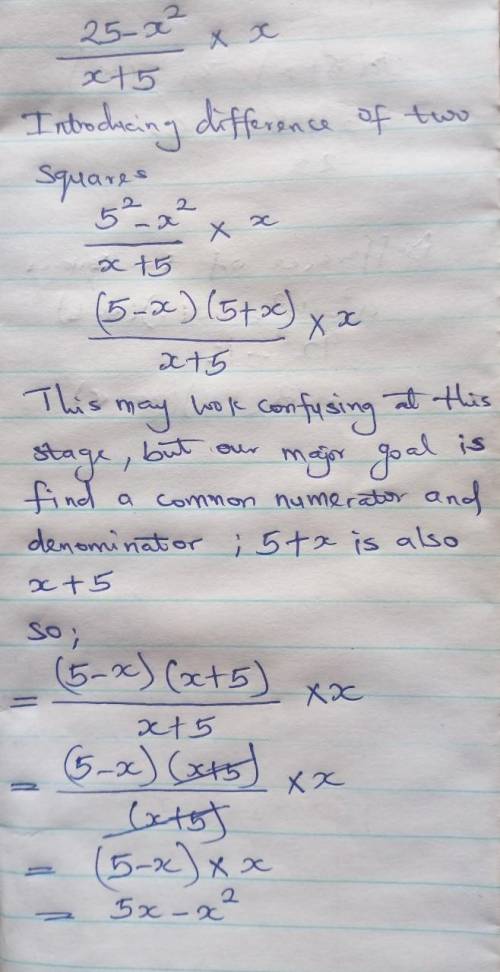 If f(x) = 25 -x^2 and g(x) = x + 5, what is (f/g)(x)? Write your answer in the simplest form.
