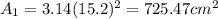 A_1=3.14(15.2)^2=725.47 cm^2