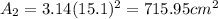 A_2=3.14(15.1)^2=715.95 cm^2
