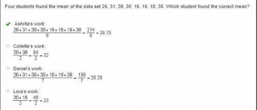 Four students found the mean of the data set 26, 31, 39, 30, 16, 16, 18, 38. Which student found the