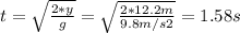 t = \sqrt{\frac{2*y}{g}} =  \sqrt{\frac{2*12.2m}{9.8m/s2}} = 1.58 s