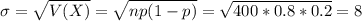 \sigma = \sqrt{V(X)} = \sqrt{np(1-p)} = \sqrt{400*0.8*0.2} = 8