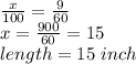 \frac{x}{100} =\frac{9}{60} \\x=\frac{900}{60} =15 \\length=15~inch