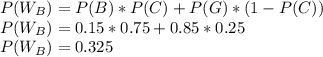 P(W_B) =P(B)*P(C)+P(G)*(1-P(C))\\P(W_B)=0.15*0.75+0.85*0.25\\P(W_B)=0.325